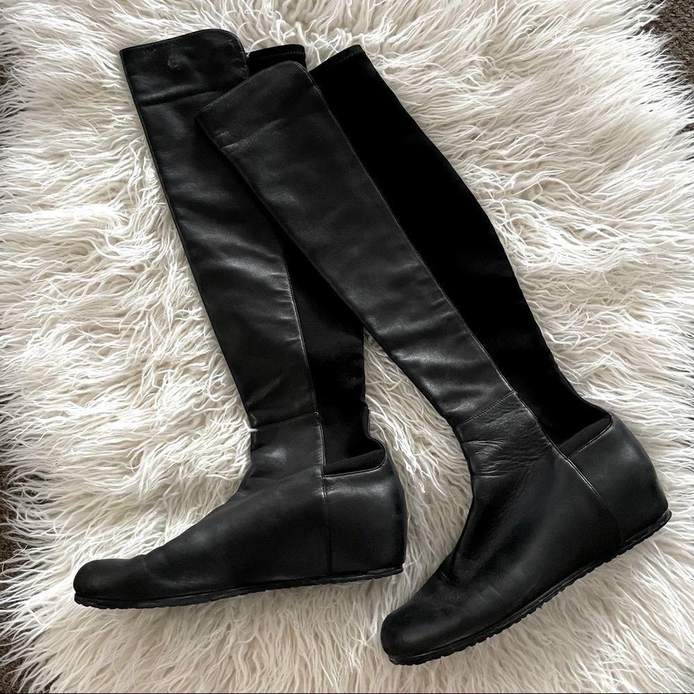 Stuart Weitzman Iconic Black Leather and Suede 5050 Boot Size 8